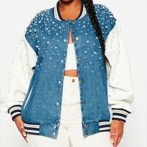 Fashion Nova Pearl Embellished Denim Varsity Jacket Size L